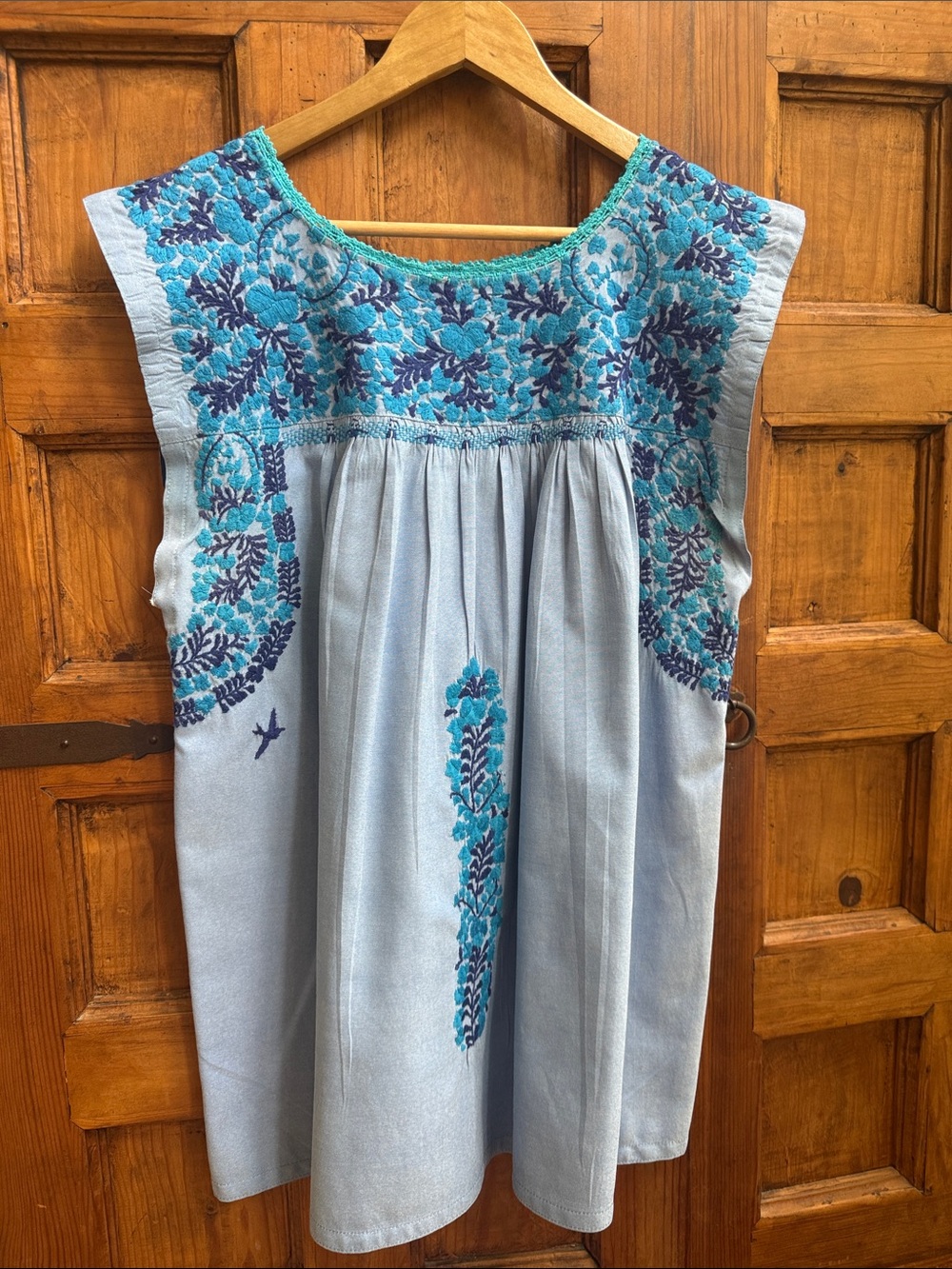 Mi Golondrina Light Blue Embroidered Peasant Top with Turquoise & Navy Accents